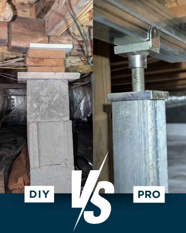DIY or PRO? Which would you trust under your home?🏠✨

⬅️On the left is a DIY setup with wood blocks stacked on concrete. It is not built to last and over time it can settle, shift, or rot.

➡️On the right is a professional steel jack, a permanent, safe, and stable solution for your crawlspace.

Don’t gamble with your foundation. Go PRO! 💪

 #crawlspacerepair #supportjacks #diyfails #trustthepro